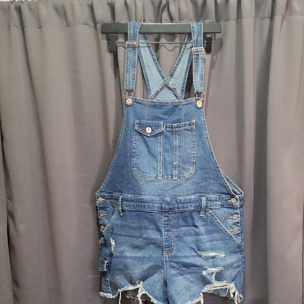 No Boundaries Blue Distressed Denim Short Overalls